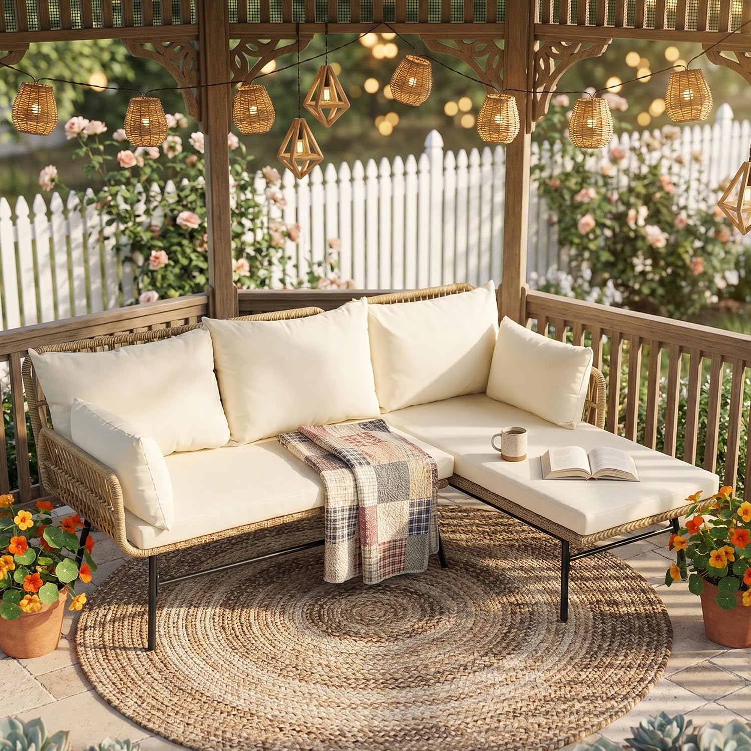 Outdoor Furniture L Shape - 3-teiliges Boho-Gartenmöbel-Set mit bequemen Kissen, Rattan-Outdoor-Ecksofa,