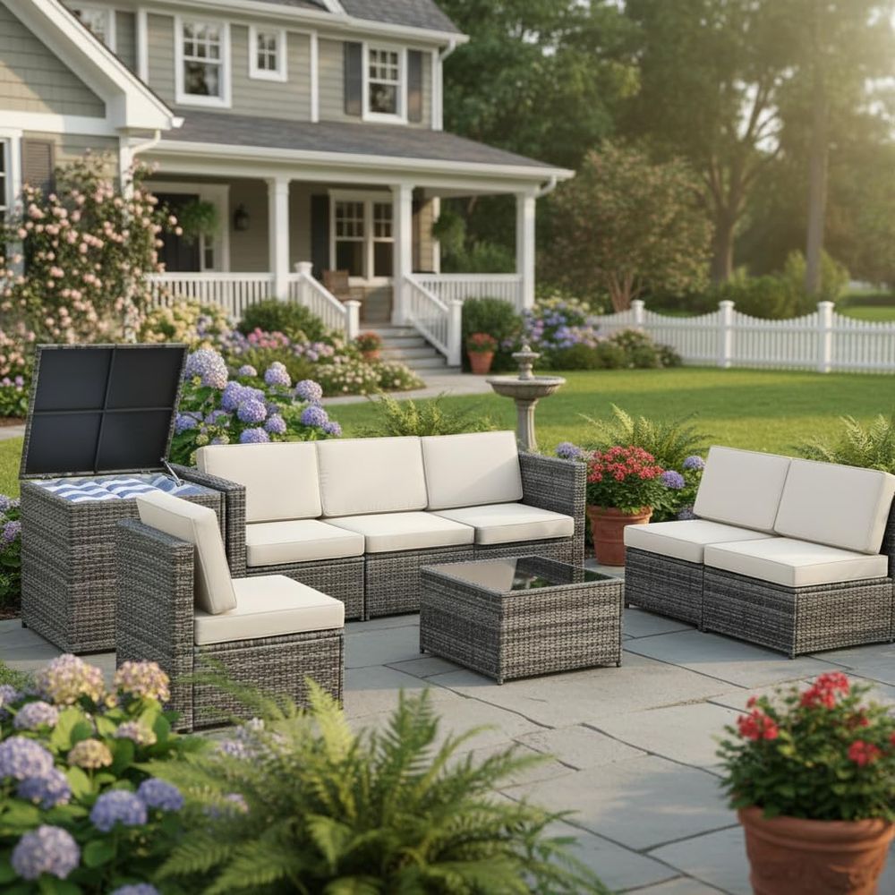 Outdoor Furniture With Storage For Cushions - 8-teiliges Gartenmöbel-Set aus Korbgeflecht mit Stauraum,
