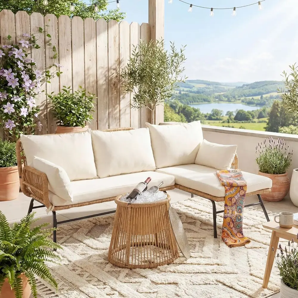 Outdoor Furniture L Shape - Boho-Stil Gartenmöbel-Set mit Kissen, Outdoor-Rattansofa, Eiskübel,