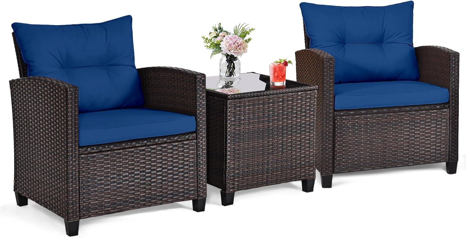 Outdoor Furniture Cushion - Marineblaues 3-teiliges Bistro-Set aus Rattan-Geflecht für