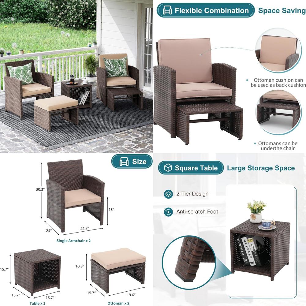 Outdoor Furniture With Storage For Cushions - 5-teiliges Gartenmöbel-Set mit Kissen, braunen Korbstühlen,
