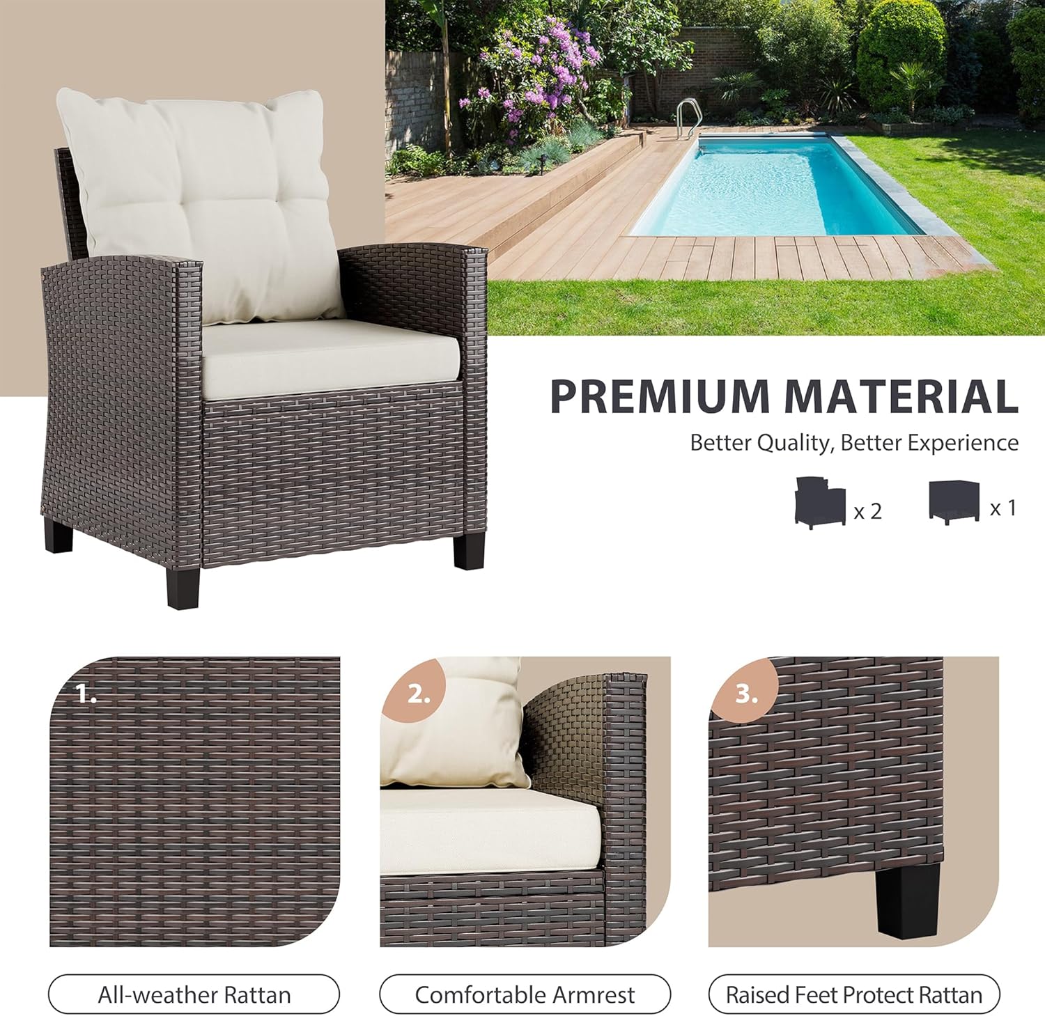 Beigefarbenes, kompaktes 3-tei – Outdoor Furniture Cushion Bewertung und Preis